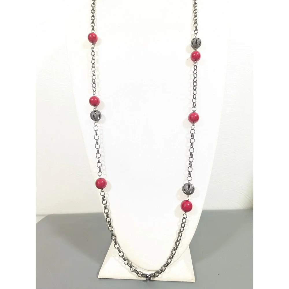 Gunmetal Filigree Ball Pink Bead Layering Necklace Goth Boho Y2K‎ 42 inch